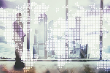 Double exposure world map on skyscraper background. Communication and global business concept.