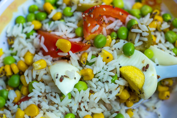salad of rice, tomato, peas and egg -  overhead