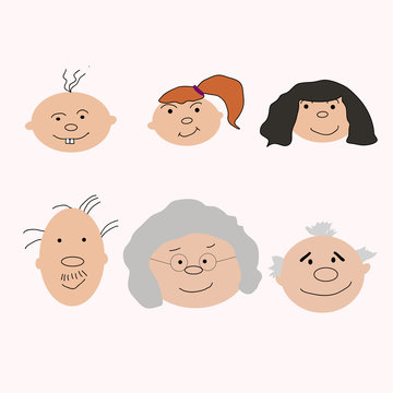 Set of characters in cartoon flat style. Characters, the cycle of life, stages of growing up from baby to man.