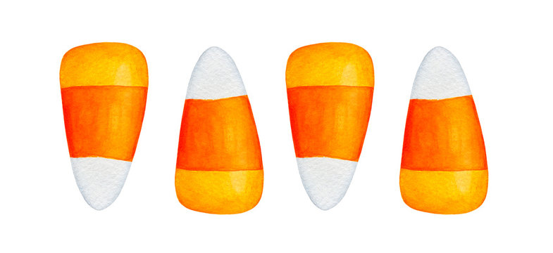 Three colors candy corn illustration, popular dessert around Halloween holiday celebration. Hand drawn watercolour painting on white background, cutout clip art element for design and decoration.