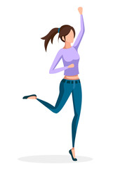 Happy women in jeans jumping. Cartoon character. No face design. Flat vector illustration isolated on white background