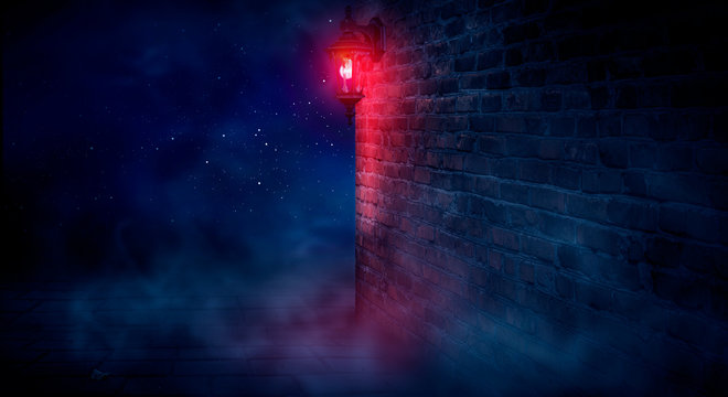 A dark street, a red lantern, a brick wall, smoke, a corner of the building, a lantern shining. Night scene, club neon light. Night city and neon light.