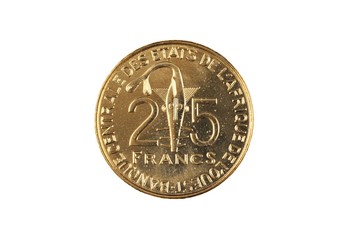 A close up image of a 25 West African franc coin isolated on a white background