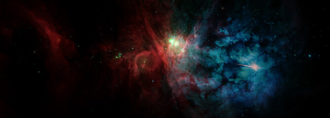 Fototapeta premium Krajobrazowy tło fantazi obcy galaktyka z czerwonymi i błękitnymi jarzy się chmurami i gwiazdami. Elementy tego zdjęcia dostarczone przez NASA.