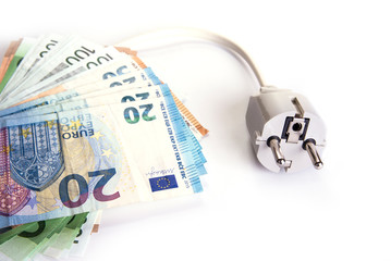 Electric plug with euro money on the white. Energy save concept