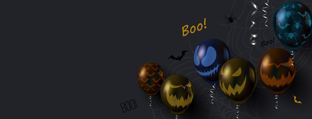Halloween banner with spider web and color balloons with scary faces.
