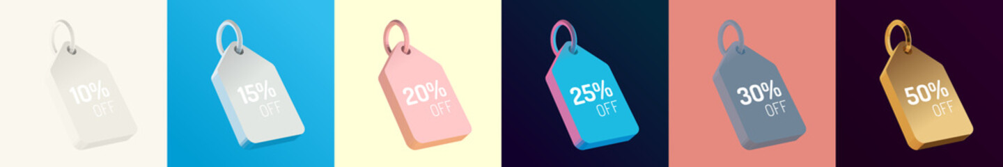 Price Tag Set. White, Blue, Pink, Grey, Gold. Isolated Vector 3D Rendering