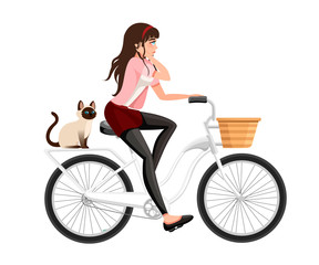 Naklejka na ściany i meble Beautiful women riding bicycle. Cat sit on bicycle. Cartoon character design. Flat vector illustration on white background