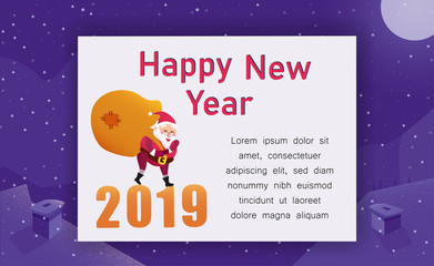 Happy New Year 2019 card with Santa Claus with bag of gifts.