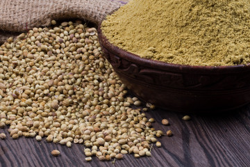 Coriander seeds, fresh coriander and powdered coriander