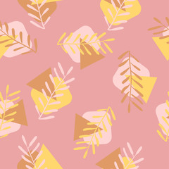 geometric figures with leaves on a pink color