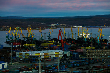 Naklejka premium October, 2018 - Murmansk, Russia - coal, trade and fish ports of the city of Murmansk