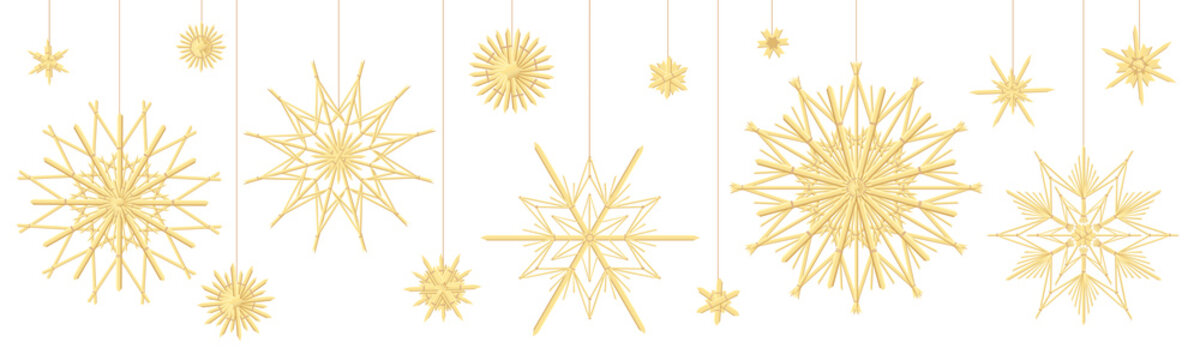 Straw star collection. Traditional handmade christmas decoration. Vector illustration on black background.