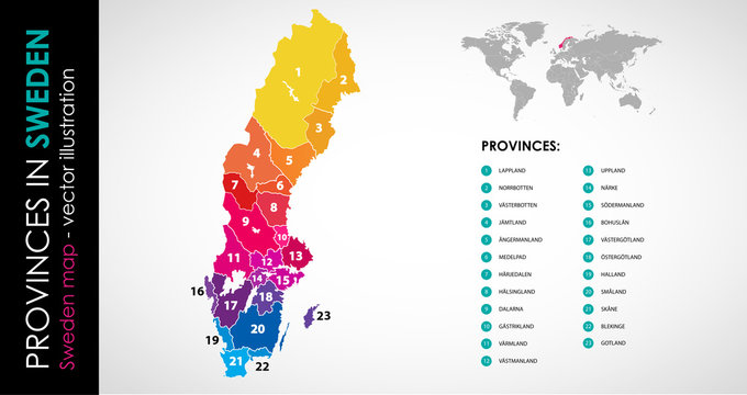 Vector map of Sweden province rainbow colors