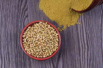 Coriander seeds, fresh coriander and powdered coriander