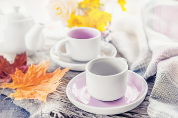 Pure coffee or tea set. A pair of elegant porcelain light gray and pastel pink cups on a cozy autumn background