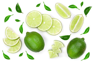 sliced lime isolated on white background. Top view. Flat lay pattern