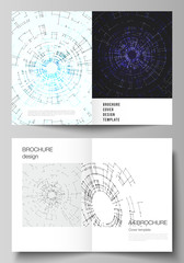 The vector layout of two A4 format cover mockups design templates for bifold brochure, flyer, booklet, report. Network connection concept with connecting lines and dots. Technology design background.
