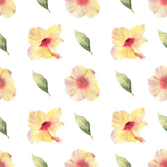 Watercolor seamless pattern with hibiscus
