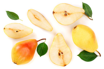 ripe red yellow pear fruits with leaves isolated on white background. Top view. Flat lay pattern