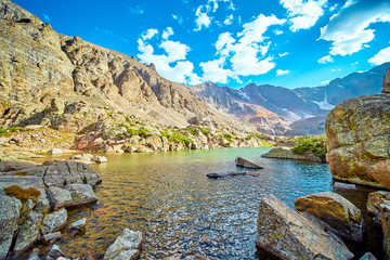 Lake in Rocky Mountains High Up View