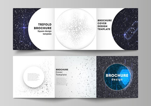 The minimal vector layout of two square format covers design templates for trifold square brochure, flyer. Binary code background. AI, big data, coding or hacker concept, digital technology background