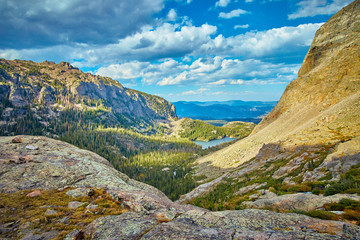 Lake in Rocky Mountains High Up View