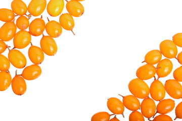 Sea buckthorn. Fresh ripe berry isolated on white background with copy space for your text. Top view. Flat lay pattern