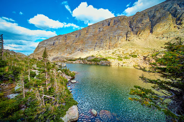 Fototapeta na wymiar Lake in Rocky Mountains High Up View