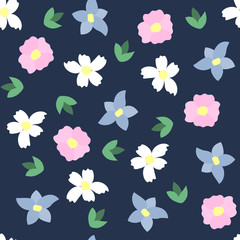 Vector seamless pattern of colorful flowers in pastel colors on dark blue background