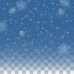Falling snow isolated on transparent background. Christmas winter holiday vector background. Snowfall christmas, falling snowstorm . Vector. Eps10.