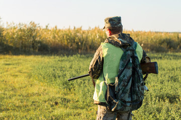 Hunters with a german drathaar and spaniel, pigeon hunting with dogs in reflective vests