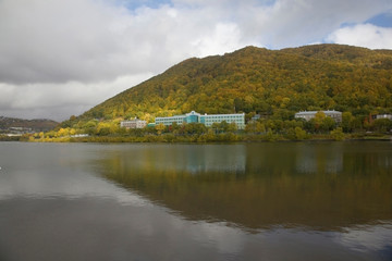 Fototapeta premium Kultushnoye lake close to the downtown of Petropavlovsk-Kamchatsky.