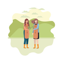 women gardeners with landscape avatar character