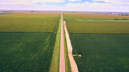Aerial Nebraska Flat Farming Fields Endless Road