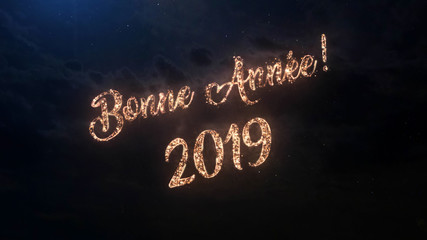 Fototapeta na wymiar 2019 Happy New Year greeting text in French with particles and sparks on black night sky with colored fireworks on background, beautiful typography magic design.