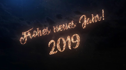Fototapeta na wymiar 2019 Happy New Year greeting text in German with particles and sparks on black night sky with colored fireworks on background, beautiful typography magic design.