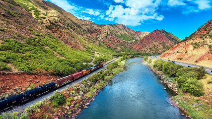 Fototapeta na wymiar Aerial Train Glenwood Canyons Red Rocks in Colorado Colorado River