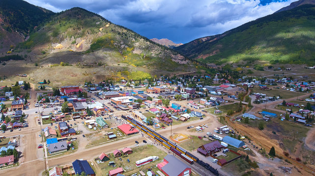 Aerial Old Train in Silverton Mining Town Coal