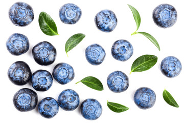fresh ripe blueberry with leaf isolated on white background. Top view. Flat lay pattern