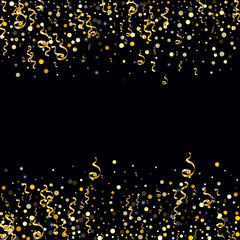 Golden serpentine and confetti on a black background Creative design of wallpaper, background, cover, printing, packaging