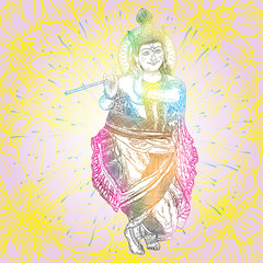 Lord Krishna playing bansuri flute isolated on background.  Happy Janmashtami holiday festival hand drawn design. Vector. © desertsands