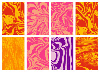 Set of abstract backgrounds. Ink marbling textures. Hand drawn marble illustrations, ebru aqua paper and silk prints. Traditional Turkish ebru technique. Painting on water.