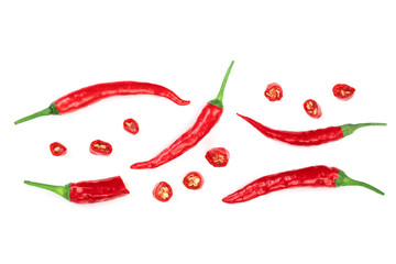 red hot chili peppers isolated on white background. Top view. Flat lay pattern