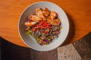 Lanch Salad with Roasted Chicken Meat Served With Green Vegetables, Pepper and Rucola Mix. Healthy Food Concept.