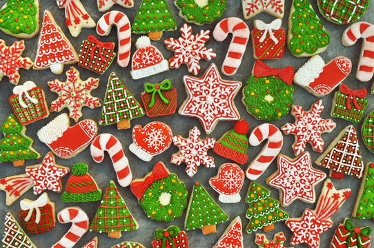 Homemade festive Christmas and New Year sweet cookies background card