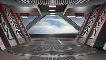Spaceship futuristic interior with window view.3D rendering