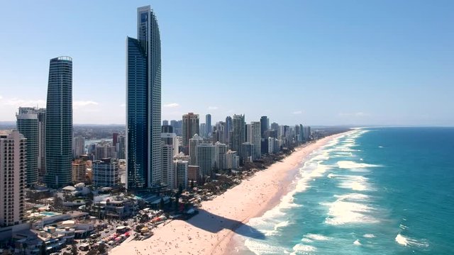 Aerial view of skyline and beach at Surfers Paradise, Gold Coast, Australia