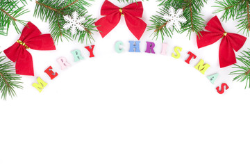 merry christmas inscription in frame made of fir branches isolated on white background with copy space for your text