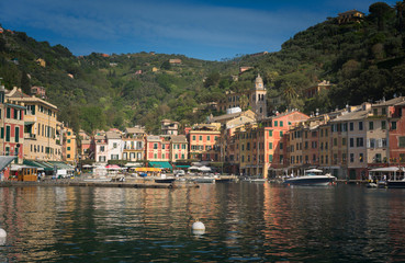 Beautiful sea coast with colorful houses in Portofino, Italy. Summer landscape